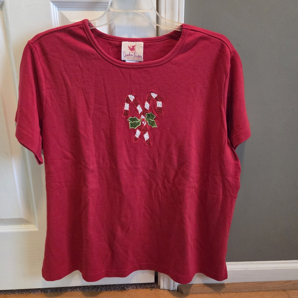 Quacker Factory Red Tee with Candy Cane Design